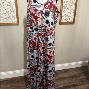 Red Skull and Floral Wide Leg Jumpsuit
